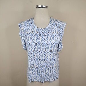 Tart Shirt Blue White Flutter Sleeve Stretch Geometric